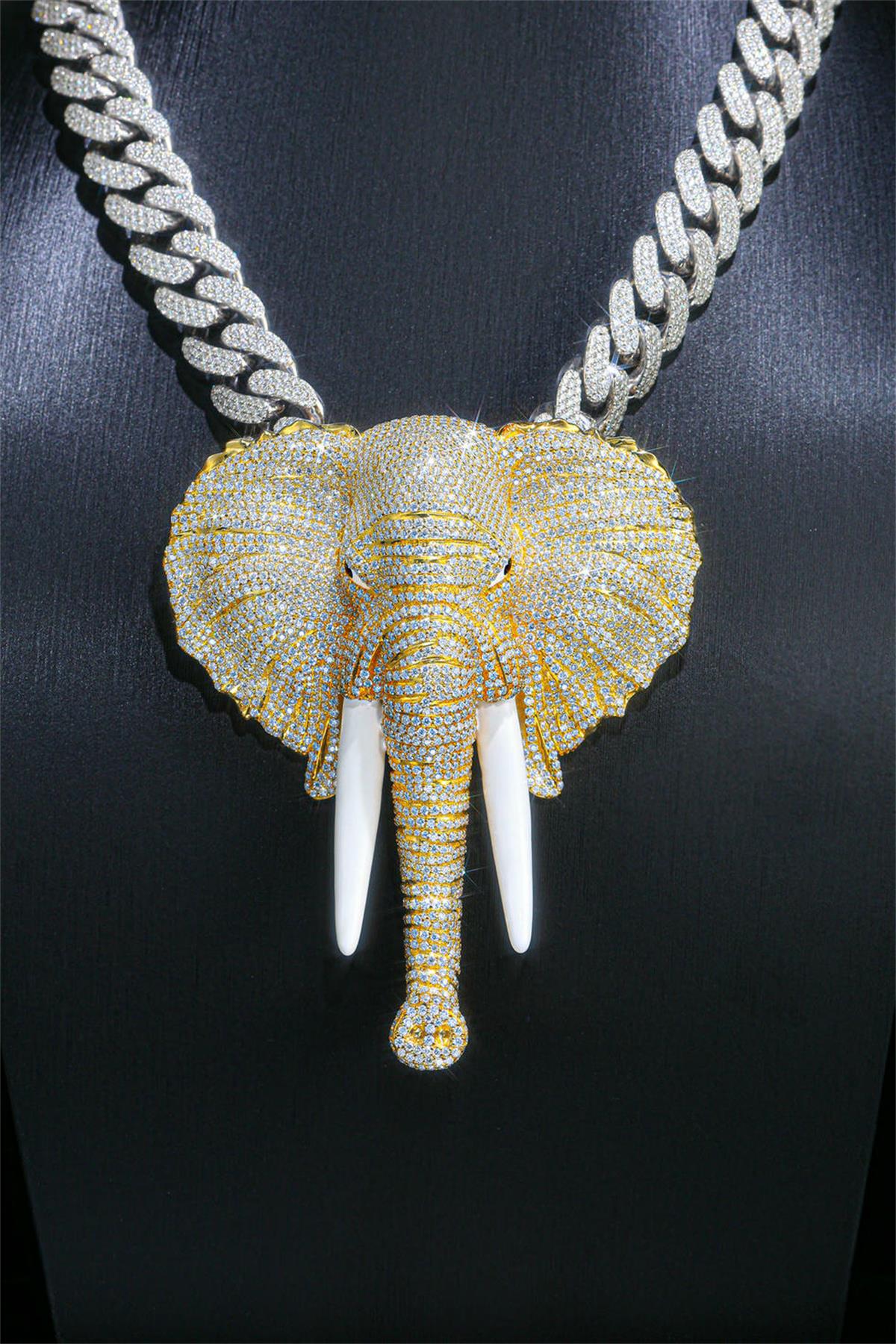 Painted elephant pendant with silver-inlaid Moissanite